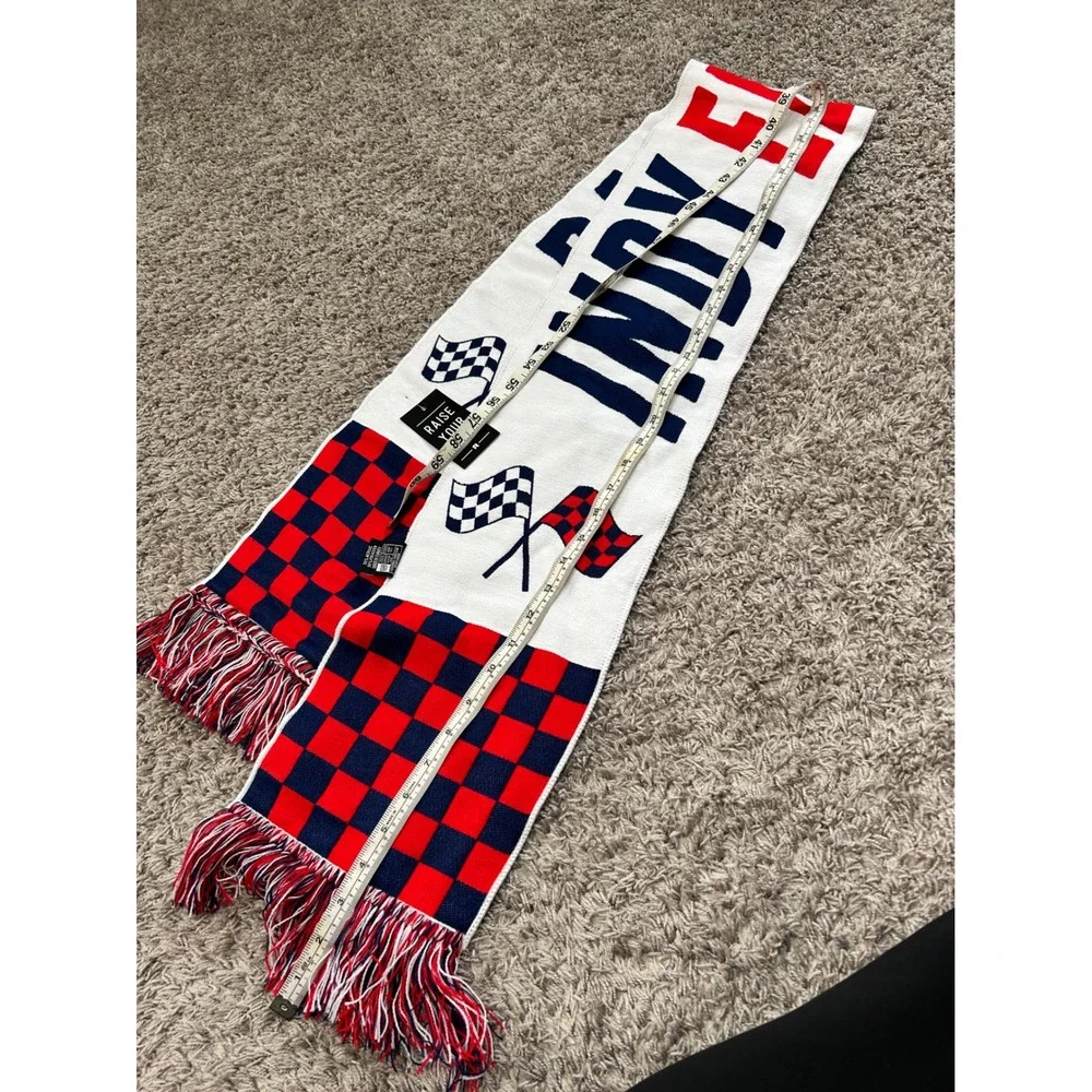 Indy Eleven Racing Scarf White Red Blue Checkered Flags Fringe‎ Knit